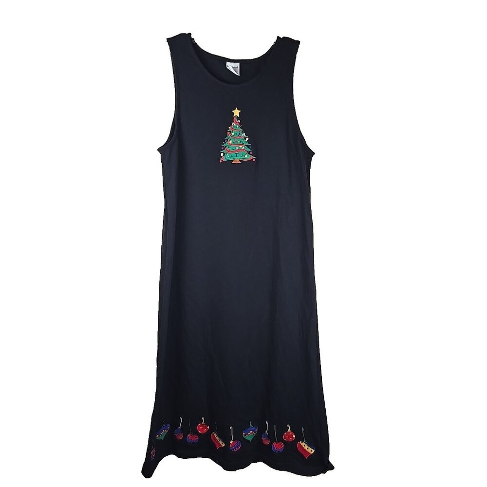 Vtg. Westbound Black Christmas Embroidered Ornament‎ Tree Holiday Maxi Dress M
